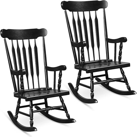 Tangkula Patio Rocking Chair Solid Rubber Wood, Outdoor Porch Rocker Chair with Rubber Wood Frame, Indoor Wooden Rocking Chair, Ideal for Garden, Backyard & Balcony (2, Black)