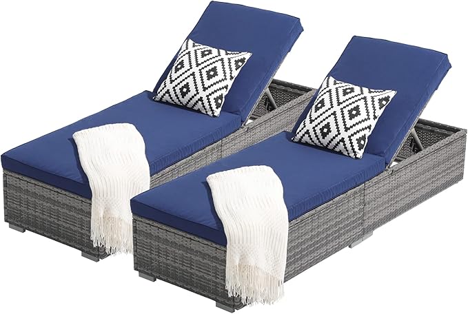 Patiorama Outdoor Patio Chaise Lounge Chair, Elegant Reclining Adjustable Pool Rattan Chaise Lounge Chair with Navy Blue Cushion, Grey PE Wicker, Steel Frame, Set of 2