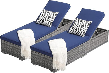 Patiorama Outdoor Patio Chaise Lounge Chair, Elegant Reclining Adjustable Pool Rattan Chaise Lounge Chair with Navy Blue Cushion, Grey PE Wicker, Steel Frame, Set of 2