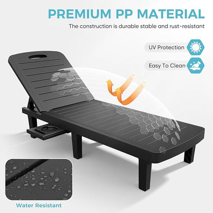 Outdoor Chaise Lounge Set of 4, 5-Position Adjustable Sun Lounge w/Pull-Out Tray, Waterproof PP Lounge Chairs for Outside, Lounge Chairs for Poolside, Patio, Beach, Yard in All Weather,Black