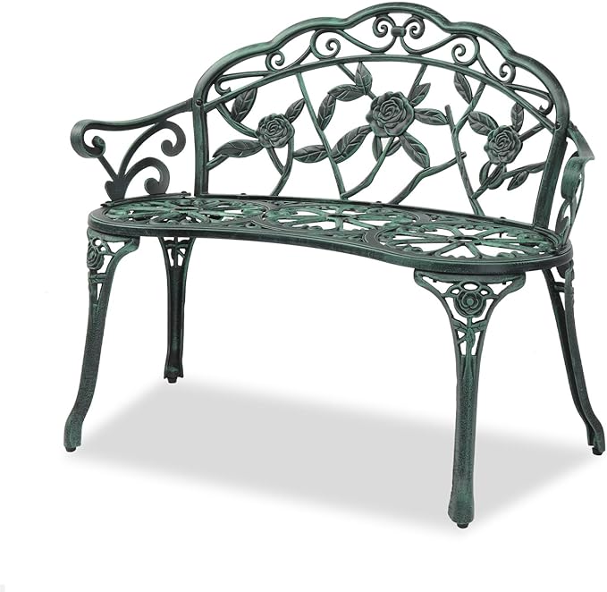 38.5" Patio Park Garden Outdoor Metal Rose Bench, 2-Person Cast Iron Cast Aluminium Frame Antique Finish Chair,Accented Lawn Front Porch Path Yard Decor Deck Furniture (Green, Rose)