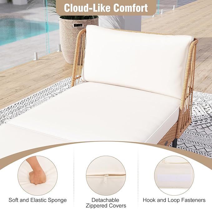 Tangkula Patio Rattan Daybed Set of 2, Boho Outdoor Wicker Lounge Sofa with Seat & Back Cushions - Photo 8