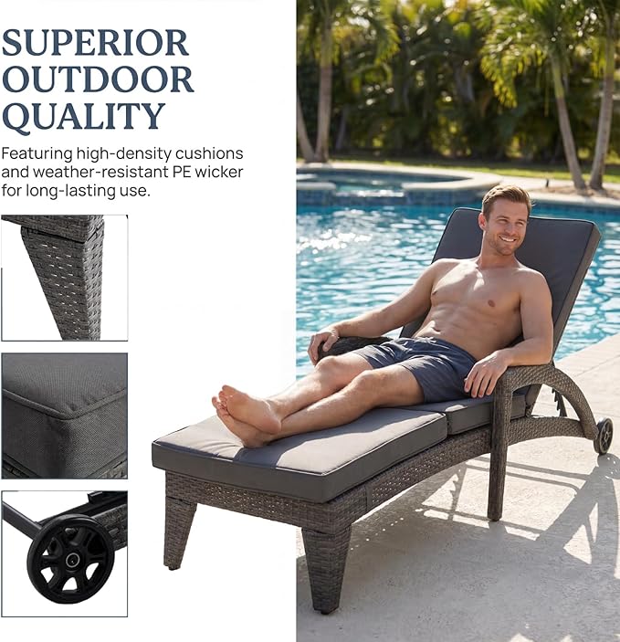 Patio Chaise Lounge Set of 4, Wicker Lounge Chairs Outdoor with Wheels, Heavy Duty Lounger Chair Outdoor - Photo 5