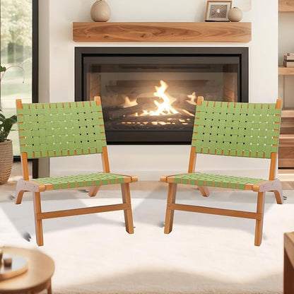 VINGLI Wooden Outdoor Chair, All-Weather Patio Seat with PE Woven Fabric, Adirondack Chair for Lawn, Balcony, Deck (1, Green and Brown)