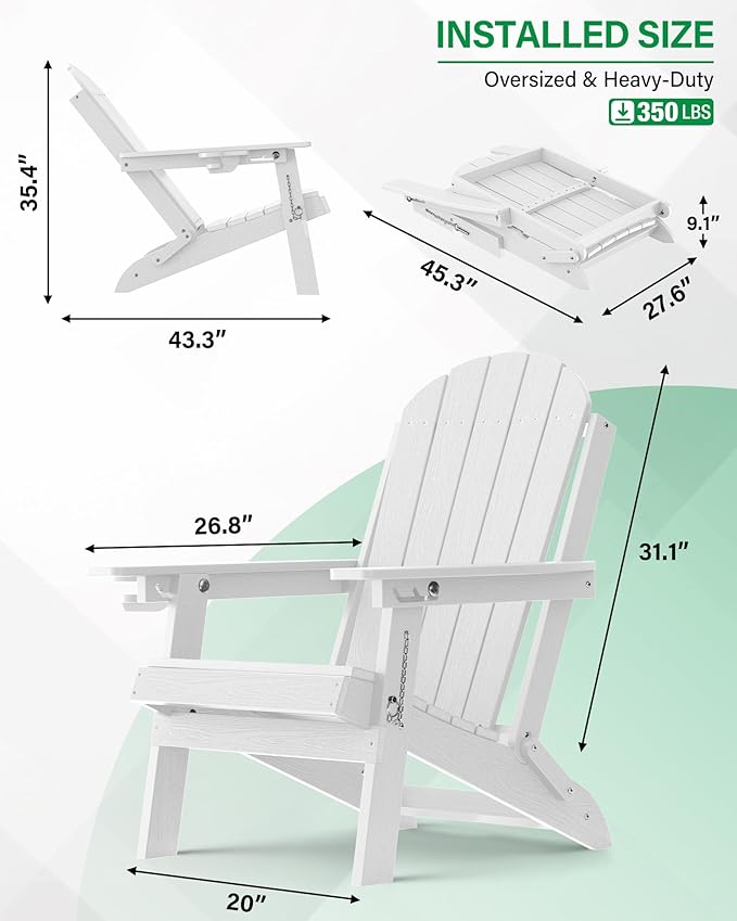 YEFU Adirondack Chair Set of 4 for Outdoor: Folding Plastic Composite Chair with Cup Holder for Patio - All-Weather Foldable Adjustable HDPE Fire Pit Adirondack Chairs - Modern Wood Texture