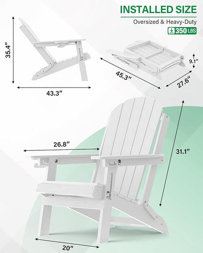 YEFU Adirondack Chair Set of 4 for Outdoor: Folding Plastic Composite Chair with Cup Holder for Patio - All-Weather Foldable Adjustable HDPE Fire Pit Adirondack Chairs - Modern Wood Texture
