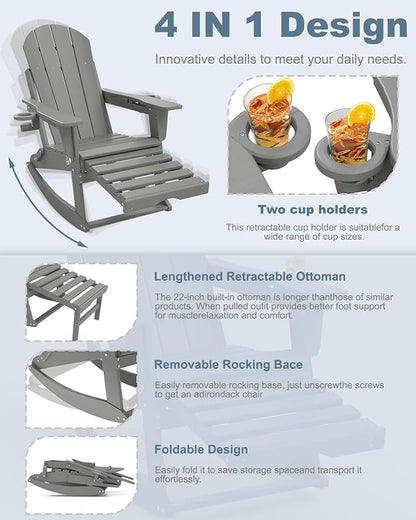 Adirondack Rocking Chair with Retractable Ottoman, All Weather Folding Adirondack Chair with Two Cup Holders, Adirondack Outdoor Rocking Chairs for Porch, Patio, Balcony. White Grey