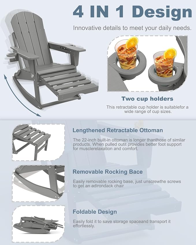 Adirondack Rocking Chairs Set of 4 with Retractable Ottoman, All Weather Folding Adirondack Chair with Two Cup Holders, Adirondack Outdoor Rocking Chairs for Porch, Patio, Balcony. White Grey