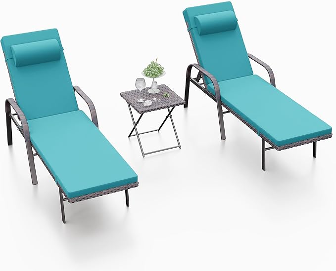 ALAULM 3 Pieces Outdoor Chaise Lounge Set Rattan Wicker Adjustable Pool Lounge Chair w/Folding Table,Patio Armrest Recliner for Beach, Poolside,Blue
