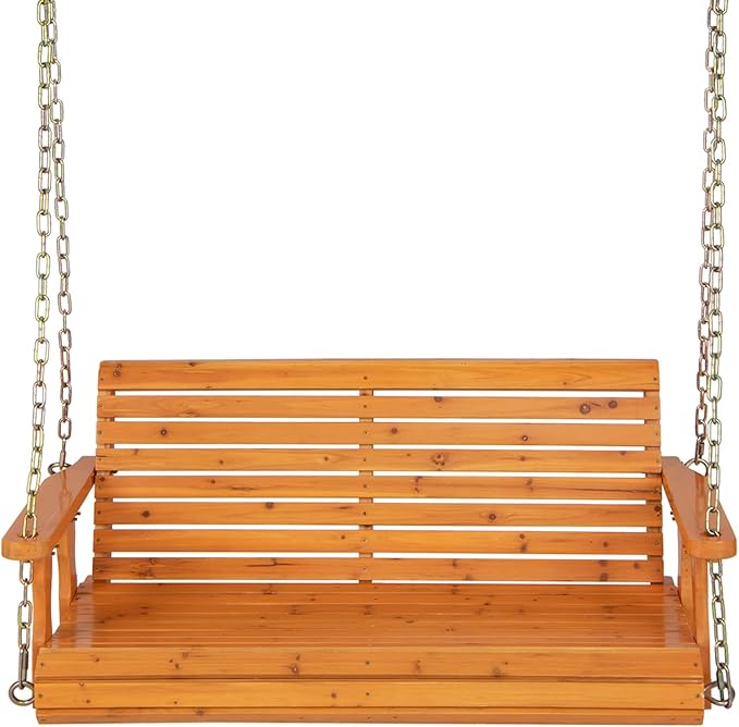 Giantex Wooden Porch Swing 2 Seat - Outdoor Swinging Chairs with Hanging Chains, 600 lbs Weight Capacity, 4 FT Finished Fir Wood Bench Swing for Patio, Outside, Garden, Lawn, Backyard (Orange)