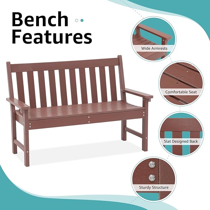 COBANA Outdoor Garden Bench, All Weather HDPE Patio Porch Bench with Faux Wood Grain Pattern, 2-Person Seat for Lawn, Park, Backyard, Entryway, Brown