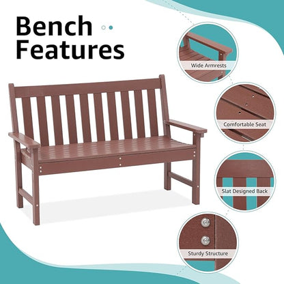 COBANA Outdoor Garden Bench, All Weather HDPE Patio Porch Bench with Faux Wood Grain Pattern, 2-Person Seat for Lawn, Park, Backyard, Entryway, Brown