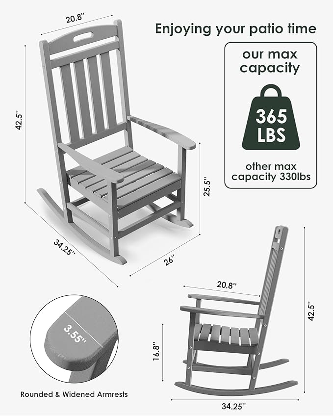 Outdoor Rocking Chair Set of 4, All-Weather Resistant Poly Lumber Rocker Chair Outdoor, High Back Plastic Patio Rocking Chairs for Outside Porch Rocker Garden Lawn, Slate Grey