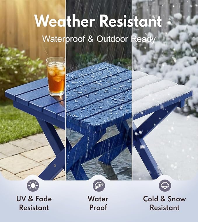 PASAMIC Folding Outdoor Side Table, Small Outdoor Table, Portable, No Assembly, Weather-Resistant HDPE End Table for Camping, RV, Poolside, Garden (Navy)