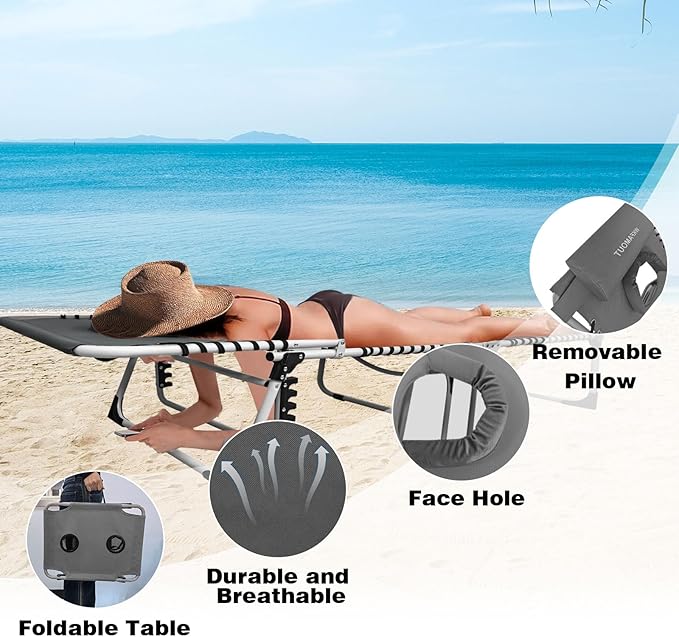 Sun Tanning Chair with Face Hole 5-Position Folding Lounge Chair Outdoor with Portable Beach Table for Poolside Sunbathing Camping Lawn Backyard