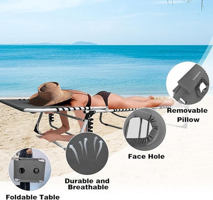 Sun Tanning Chair with Face Hole 5-Position Folding Lounge Chair Outdoor with Portable Beach Table for Poolside Sunbathing Camping Lawn Backyard