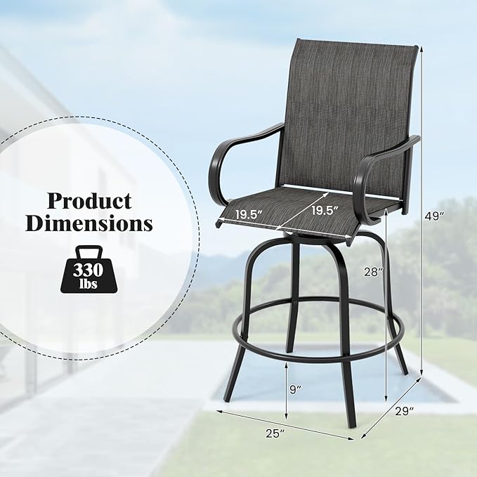 Tangkula Outdoor Swivel Bar Stools Set of 2, Bar Height Tall Patio Chairs with Armrests & High Back - Photo 3