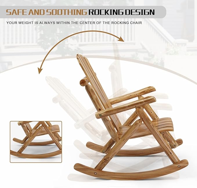 Outvita Wooden Rocking Chair, Fir Log Adirondack Rocker, Outdoor Wood Accent Furniture Lounge Chairs for Garden Patio Backyard Porch (Light carbonized)