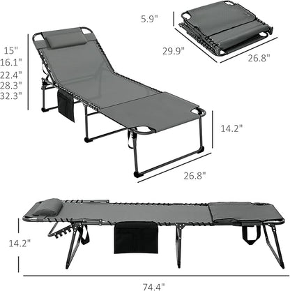 Outsunny Folding Chaise Lounge with 5-Level Reclining Back, Tanning Chair with Face Hole, Outdoor Lounge Chair with Side Pocket & Headrest for Beach, Yard, Patio, Gray