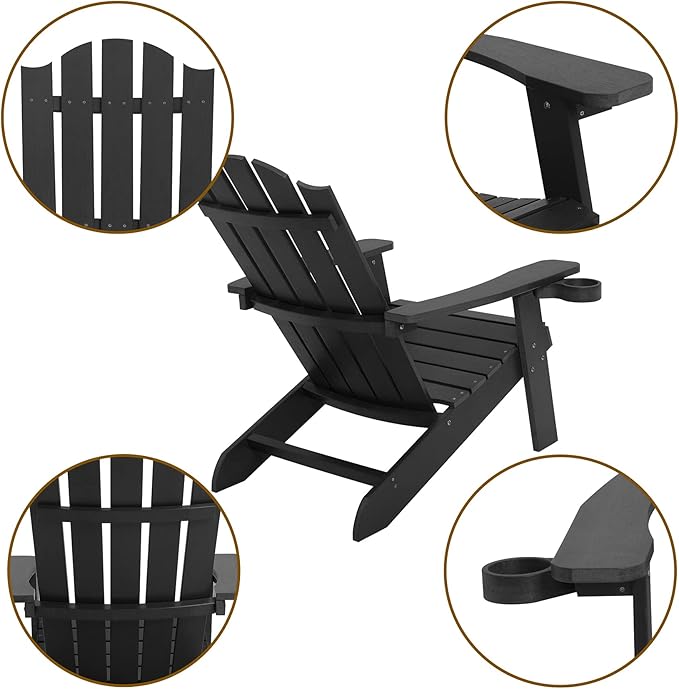 Melucivi Adirondack Chair Weather Resistant with Cup Holder, Fire Pit Chair Patio Outdoor Garden Resin Adirondack Chair for Adult, Black