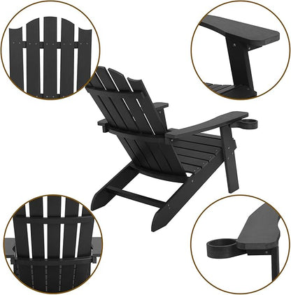 Melucivi Adirondack Chair Weather Resistant with Cup Holder, Fire Pit Chair Patio Outdoor Garden Resin Adirondack Chair for Adult, Black