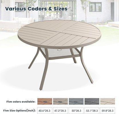 Patio Dining Table for 4-6, Round Metal Outdoor Table with Storage Shelf, 1.57" Umbrella Hole, 47" Outdoor Quartered Tabletop Dining Table for Backyard, Porch, Lawn, Sand