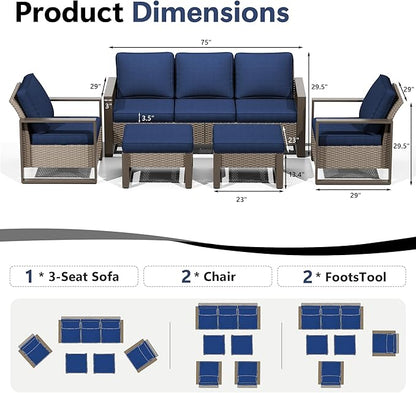 Outdoor Patio Furniture Set, 5 Piece Wicker Patio Conversation with Deep Seating, Thicken Cushions, Outdoor Club Chair, Metal Outdoor Furniture for Deck, Porch, Yard Use (Blue, 5 PCS/Chairs)