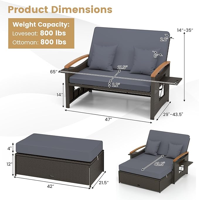 Tangkula Patio Rattan Daybed with 4-Level Adjustable Backrest, Outdoor Wicker Loveseat with Acacia Wood Armrest - Photo 4