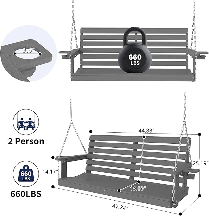 Plawdlik Porch Swings,2 Seat Patio Chair with Two Cup Holders,HDPE Waterproof Bench for Courtyard-Grey - Photo 4