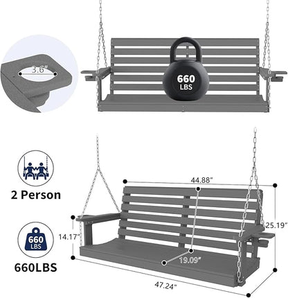 Plawdlik Porch Swings,2 Seat Patio Chair with Two Cup Holders,HDPE Waterproof Bench for Courtyard-Grey