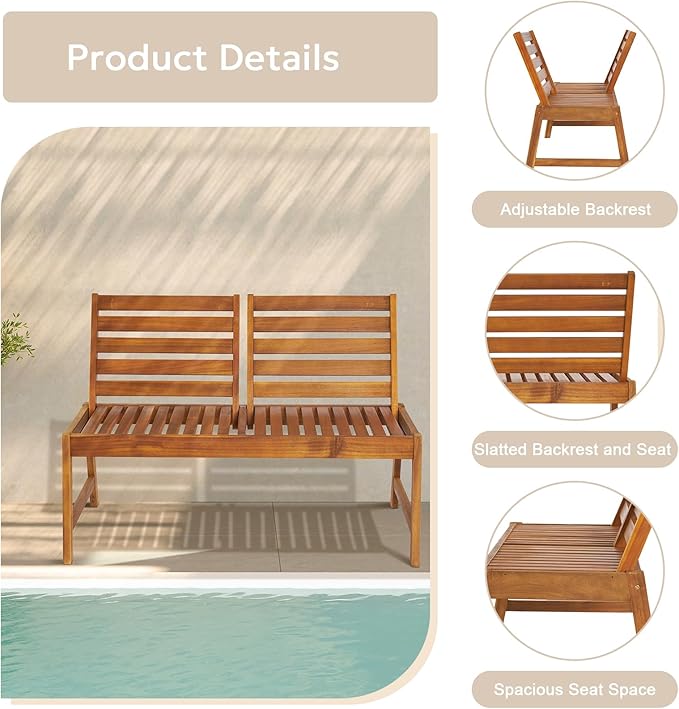 Outdoor Wooden Garden Bench, Patio Furniture Acacia Wood Outdoor Loveseat with Adjustable Backrest, Weather Proof 2-Person Outdoor Chair for Park, Porch, Pool, Backyard