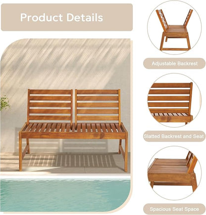 Outdoor Wooden Garden Bench, Patio Furniture Acacia Wood Outdoor Loveseat with Adjustable Backrest, Weather Proof 2-Person Outdoor Chair for Park, Porch, Pool, Backyard