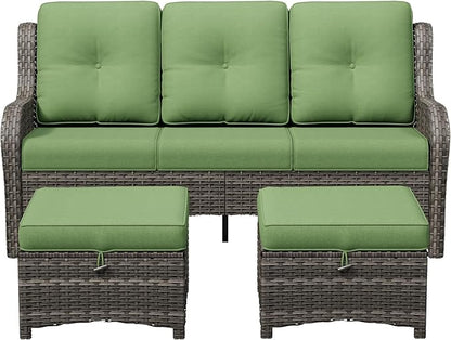 3-Piece Outdoor Couch Set, Include Wicker Patio Sofa with Thickened Olefin Cushions, High Back and Deep Seating, Hand-Woven PE Rattan and 2 Ottomans, Patio Conversation Set for Porch, Deck