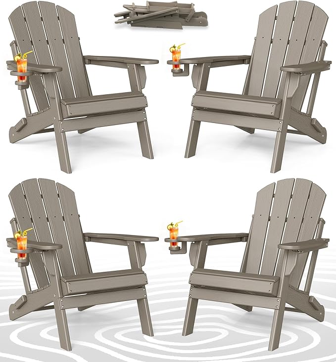BRIOPAWS Folding-Adirondack-Chairs Set of 4 | HDPE | Wood Grain | Fire Pit Chair | Cup Holder | Weather Resistance | for Outdoor Backyard Deck Patio