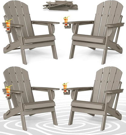 BRIOPAWS Folding-Adirondack-Chairs Set of 4 | HDPE | Wood Grain | Fire Pit Chair | Cup Holder | Weather Resistance | for Outdoor Backyard Deck Patio