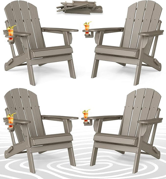BRIOPAWS Folding-Adirondack-Chairs Set of 4 | HDPE | Wood Grain | Fire Pit Chair | Cup Holder | Weather Resistance | for Outdoor Backyard Deck Patio