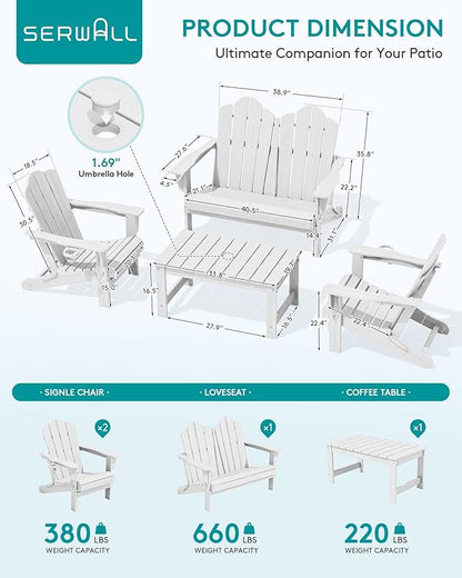 SERWALL HDPE Patio Furniture Set, 2 Adirondack Chair with Cup Holder & 1 Adirondack Bench & 1 Coffee Table with Umbrella Hole, All-Weather Outdoor Adirondack Chair Set for 4, White