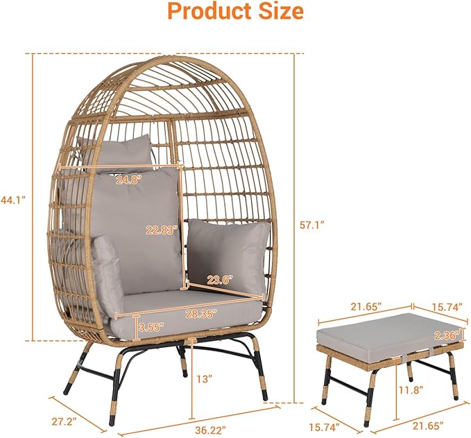 Oversized Wicker Egg Chair with Ottoman, Rattan Patio Egg Chair with Stand and Thick Cushions, Indoor Outdoor Lounge Chair for Backyard, Balcony, Living Room, Light Gray ＋Ottoman