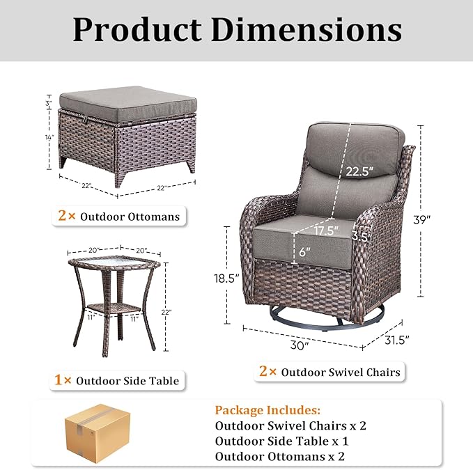 Luxury Outdoor Swivel Rocker Patio Chairs Set of 5, High Back Swivel Patio Chairs with Side Table & 6" Thick Cushions, Ottomans, Wicker Outdoor Bistro Set for Porch, Yard, Deck, Poolside, Brown/Grey