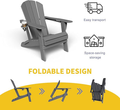 Kingdura Folding Adirondack Chairs Set of 4, Portable HDPE Outdoor Patio Chair with Wooden Textured & Cup Holder, Weather Resistant, 380LBS Capacity for Pool, Backyard, Balcony, Fire Pit (Grey)
