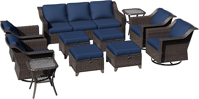 11 Pieces Patio Conversation Furniture Set - 1 Sofa, 4 Ottomans, 4 Swivel Chairs, 2 Side Tables - Photo 7