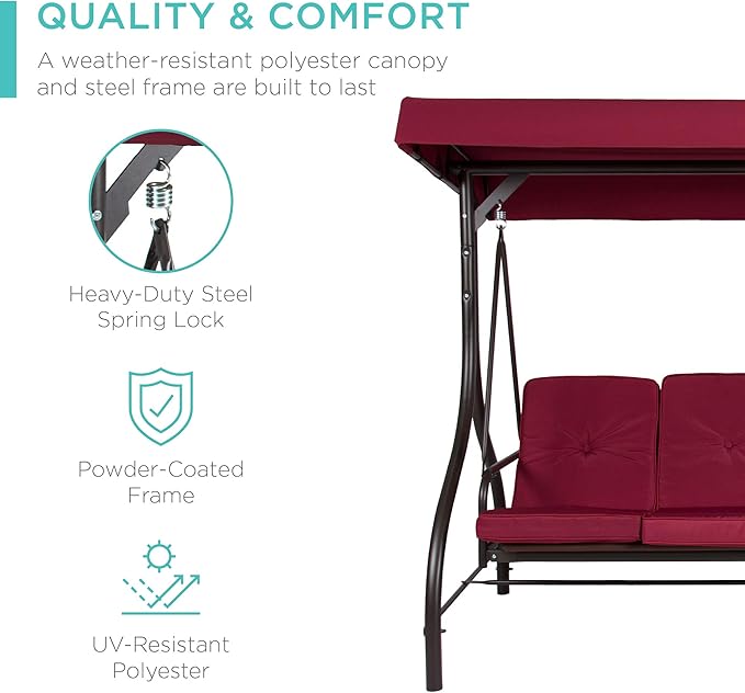 Best Choice Products 3-Seat Outdoor Large Converting Canopy Swing Glider, Patio Hammock Lounge Chair for Porch - Photo 3