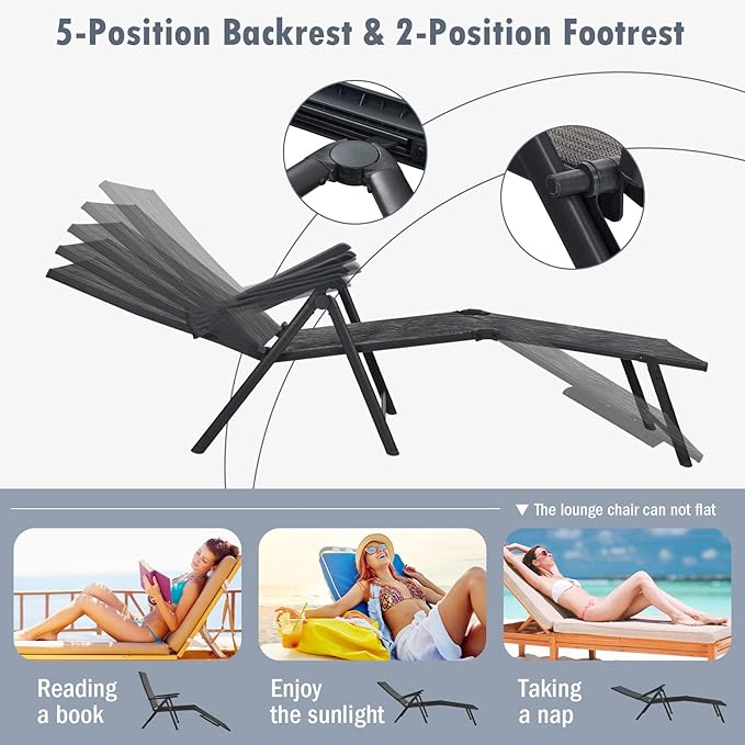 Tangkula Folding Lounge Chair Outdoor, Recliner Chaise Lounge with 5-Position Adjustable Backrest & 2-Position Footrest, No Assembly Required, Suitable for Patio Poolside Beach Yard (2, Grey)