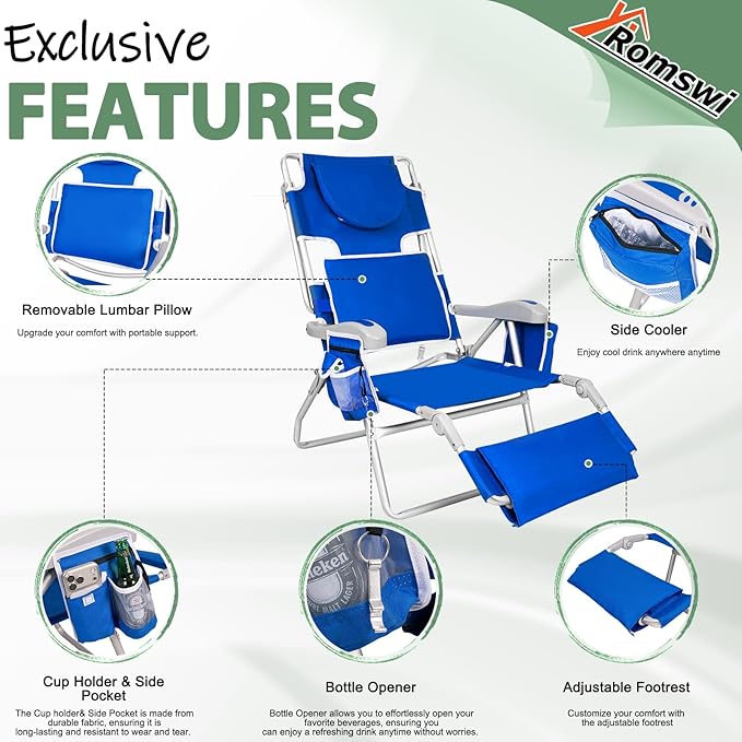 Romswi 3 in 1 Beach Chair with Face Hole, Reclining Sun Tanning Lounge Chair with Foot Rest, Cooler Bag & Cup Holder for Outdoor,Royal Blue