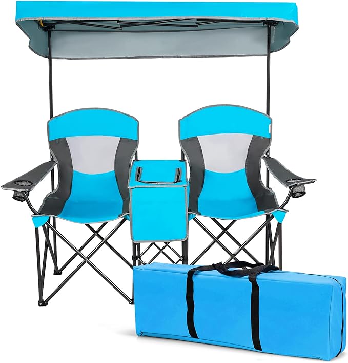 S AFSTAR Double Camping Chair w/Shade Canopy, 2-Person Folding Camp and Beach Chair with Mini Table Beverage Cup Holder Carrying Bag, Collapsible Camping Chairs for Garden Patio Pool Beach