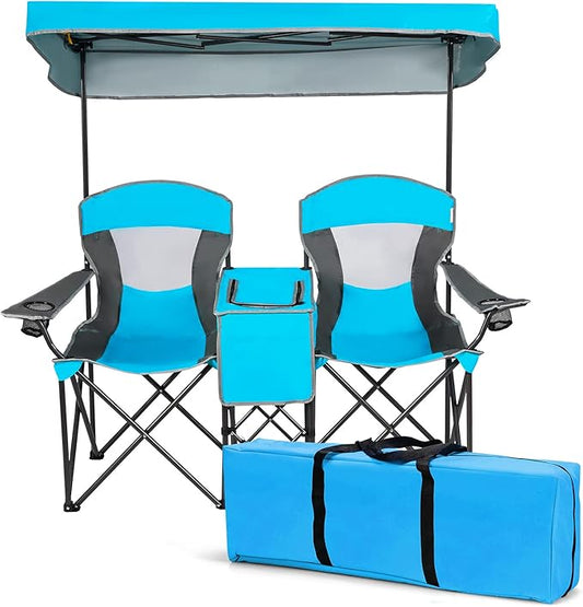 S AFSTAR Double Camping Chair w/Shade Canopy, 2-Person Folding Camp and Beach Chair with Mini Table Beverage Cup Holder Carrying Bag, Collapsible Camping Chairs for Garden Patio Pool Beach