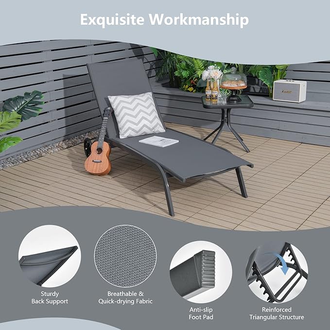 COSTWAY Outdoor Chaise Lounge with Wheels, 6-Position Adjustable Tanning Chair with Stable Aluminum Frame, Portable Sun Bathing Lounge Chair for Backyard, Garden, Poolside (Grey)