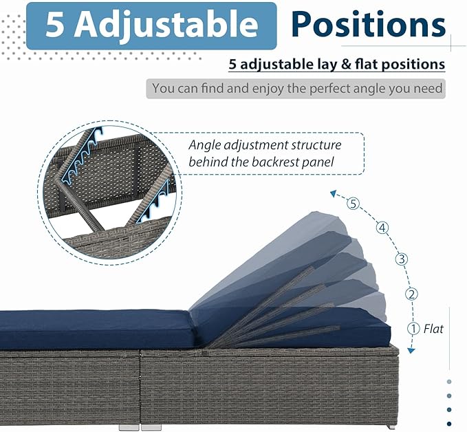 JOIVI Outdoor Chaise Lounge Chair, All-Weather PE Wicker Patio Chaise Lounge Pool Lounger, Gray Rattan Reclining Outdoor Chair with Adjustable Backrest & Removable Cushion(Navy Blue)