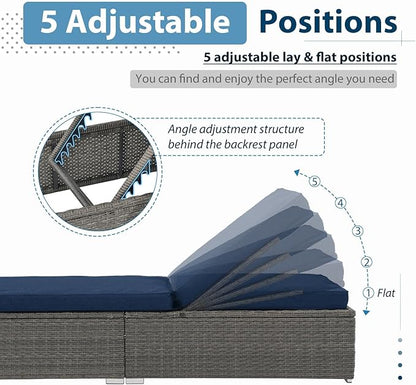 JOIVI Outdoor Chaise Lounge Chair, All-Weather PE Wicker Patio Chaise Lounge Pool Lounger, Gray Rattan Reclining Outdoor Chair with Adjustable Backrest & Removable Cushion(Navy Blue)