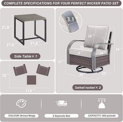 Belord Outdoor Swivel Rocker Patio Chairs Set of 2, 3 Piece Wicker Patio Bistro Set with Metals Side Table and Comfort High Back 4" Cushion Outdoor Patio Glider Chair for Balcony Deck Porch
